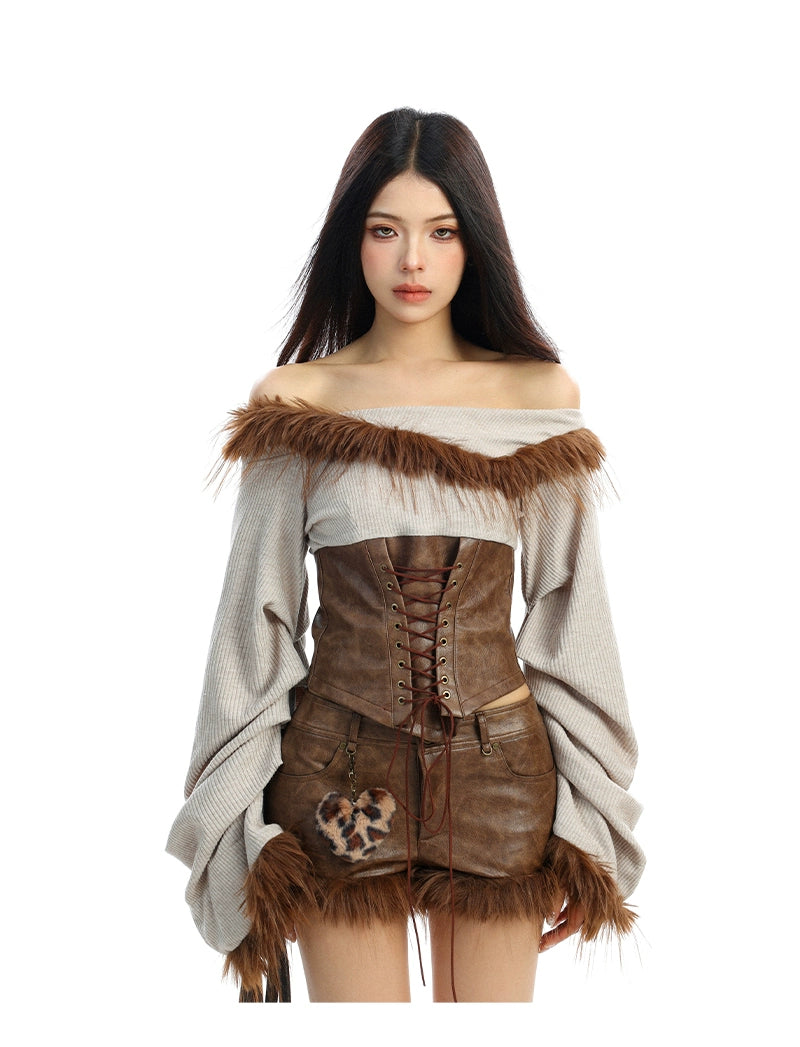 【25s Dec.】Hot Girl Fur Collar Off-shoulder Tie Top/ Leather Pants