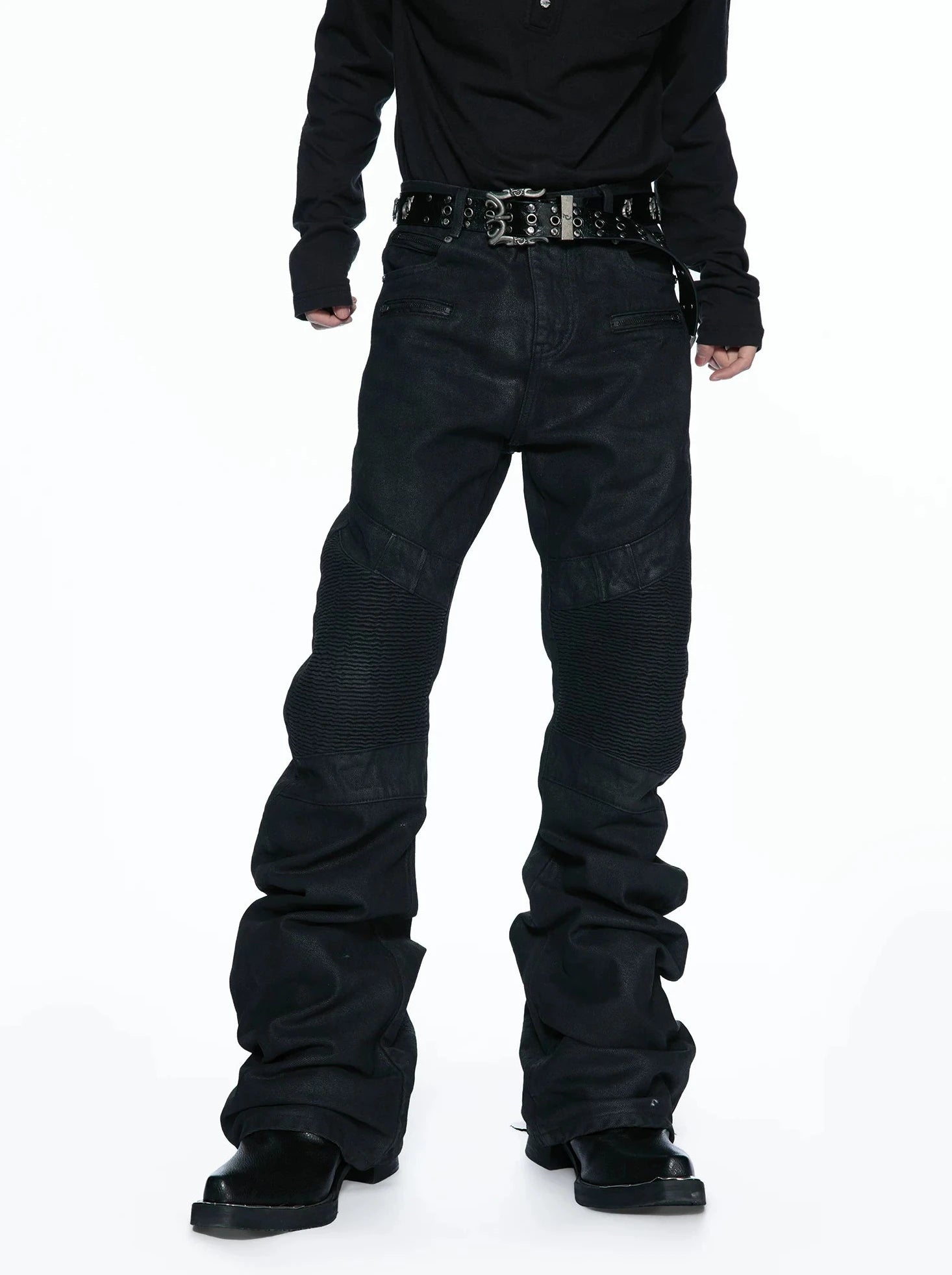 Multi-Zip Waxed Scimitar Skinny Moto Jeans