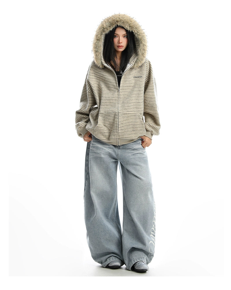 【25s Nov.】Striped Detachable Fur Collar Hooded Sweatshirt