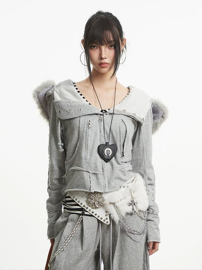 【25s Oct.】Vintage Grey Fur Collar Hooded Sweatshirt