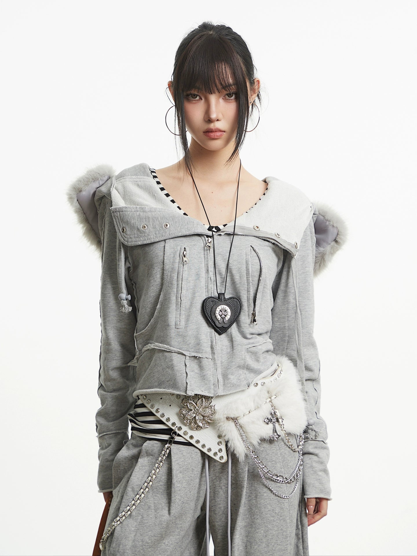 【25s Oct.】Vintage Grey Fur Collar Hooded Sweatshirt