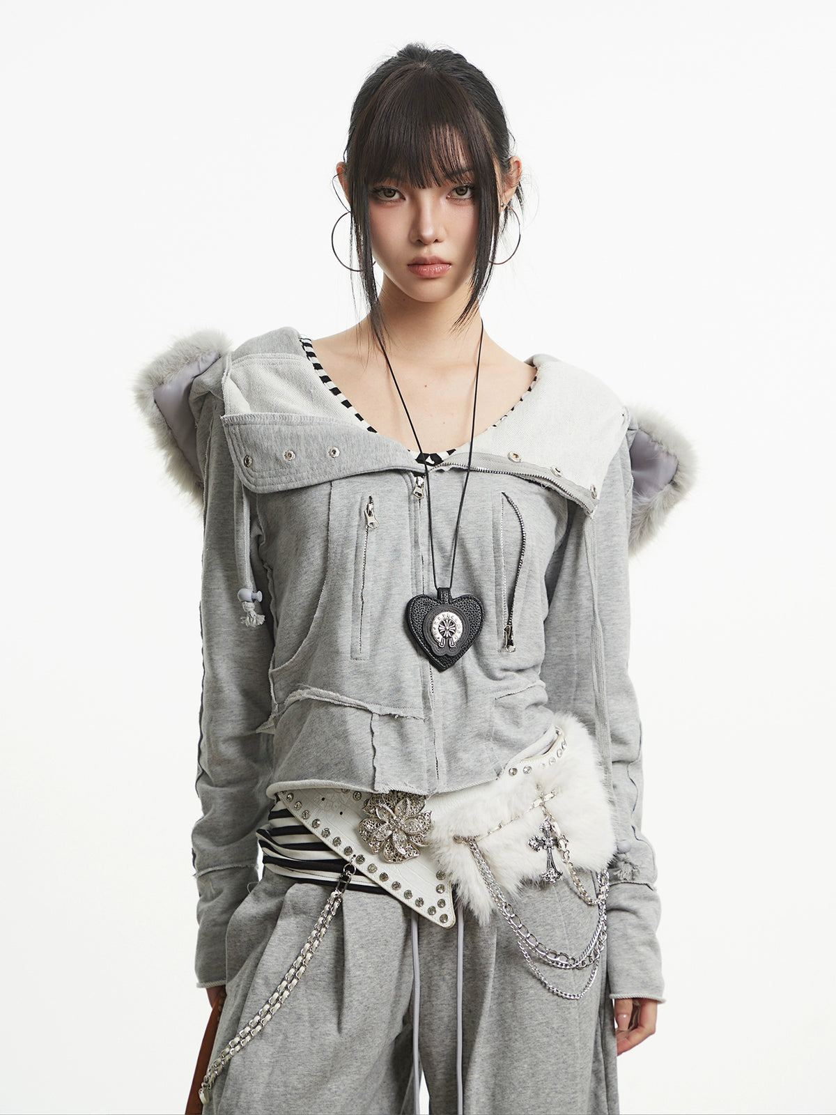 【25s Oct.】Vintage Grey Fur Collar Hooded Sweatshirt
