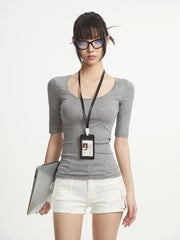 【25s Aug.】Black U-Neck Structured Shoulder Casual T-Shirt