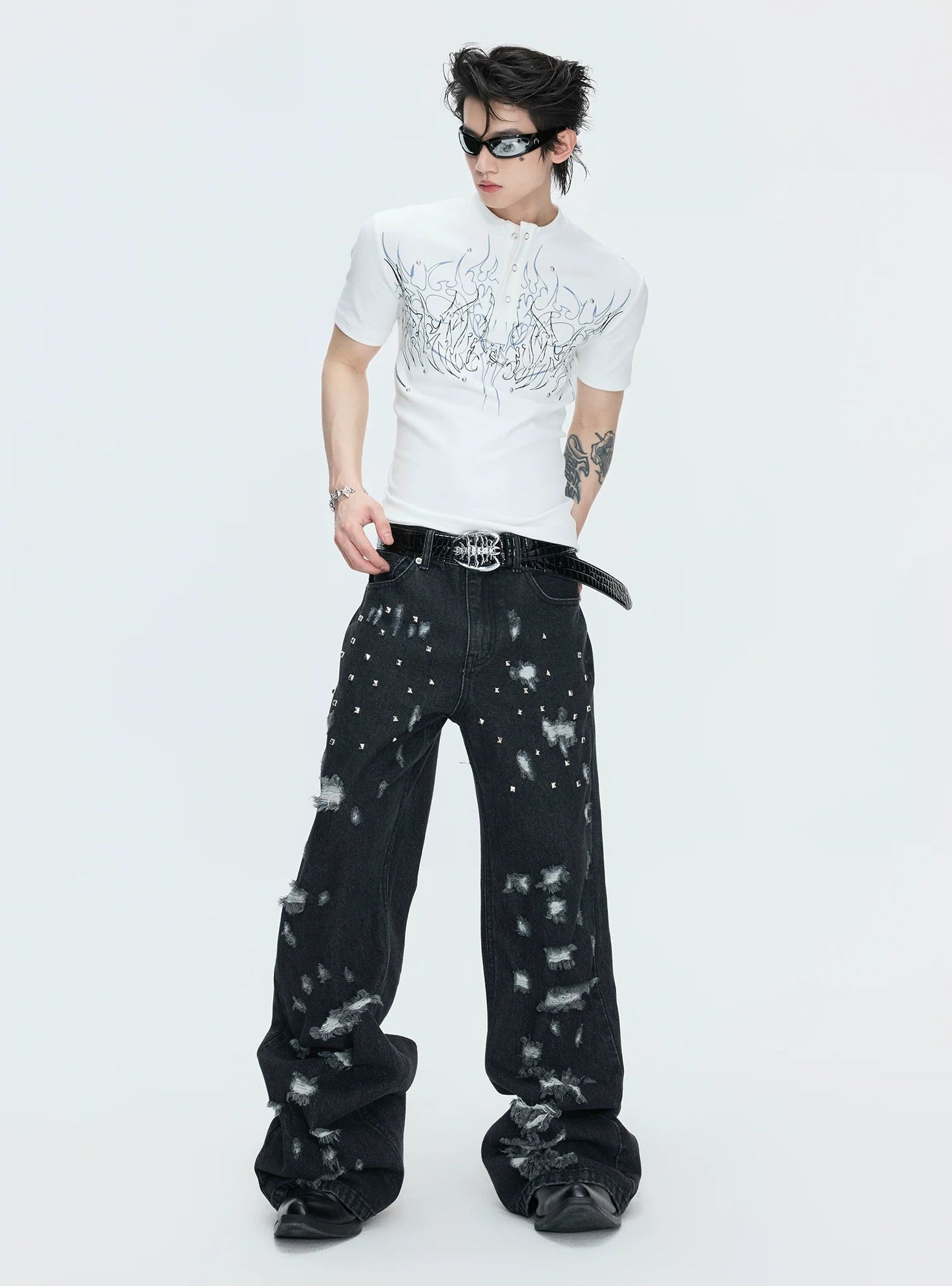 Gothic Flame Studded Slim Tee