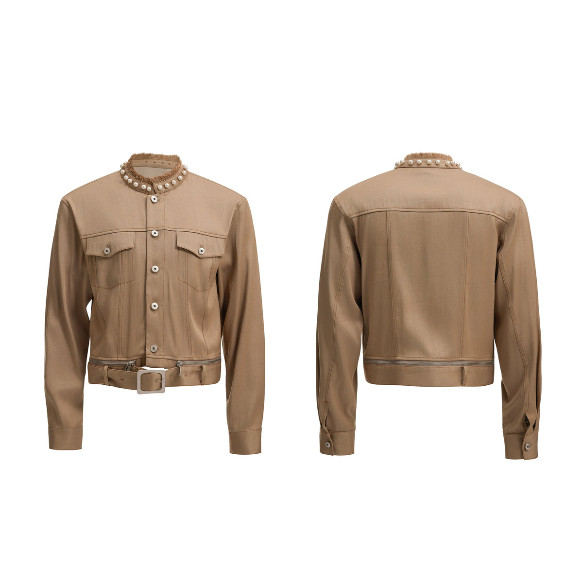 【25s Aug.】Pearl Embellishment Elegant Collarless Loose Denim Jacket / Jeans