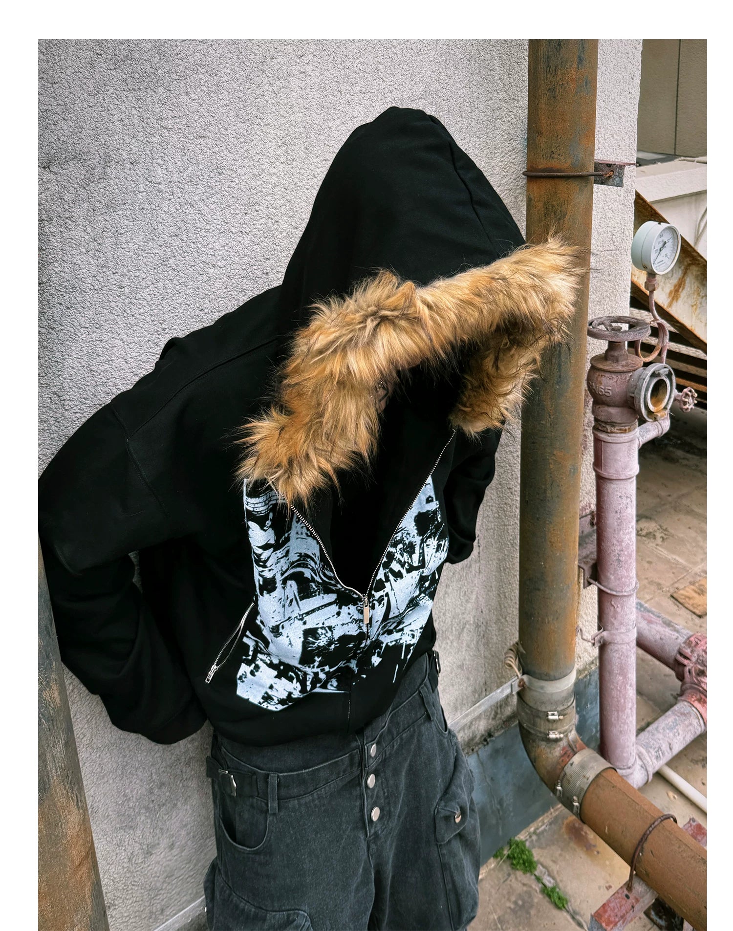 【26s Jan.】Vintage Printed Fur-Trim Zip-Up Hoodie Jacket