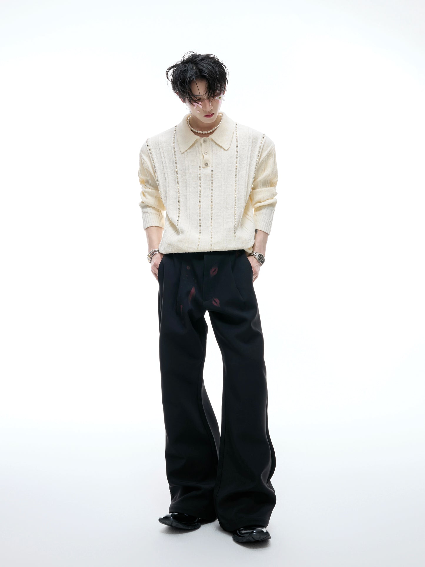【25s Aug.】Pearl-Embellished Knit Polo Shirt