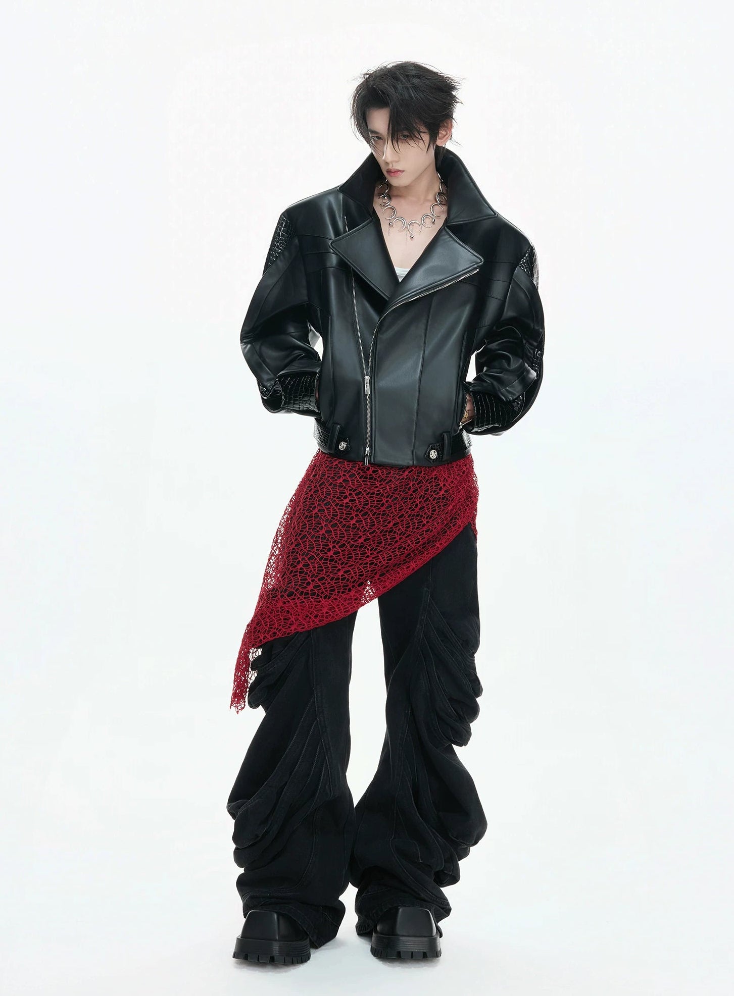 【26s Feb.】Deconstructed Croc-Embossed Asymmetric Zip Leather Jacket