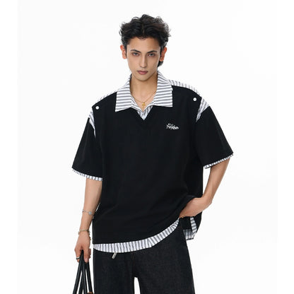 【25s Jul.】Fake Two-Piece Striped Short Sleeve Polo