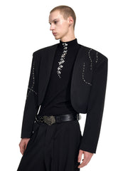 【25s Sep.】Short Rhinestone Collarless Jacket with Padded Shoulders / Trousers
