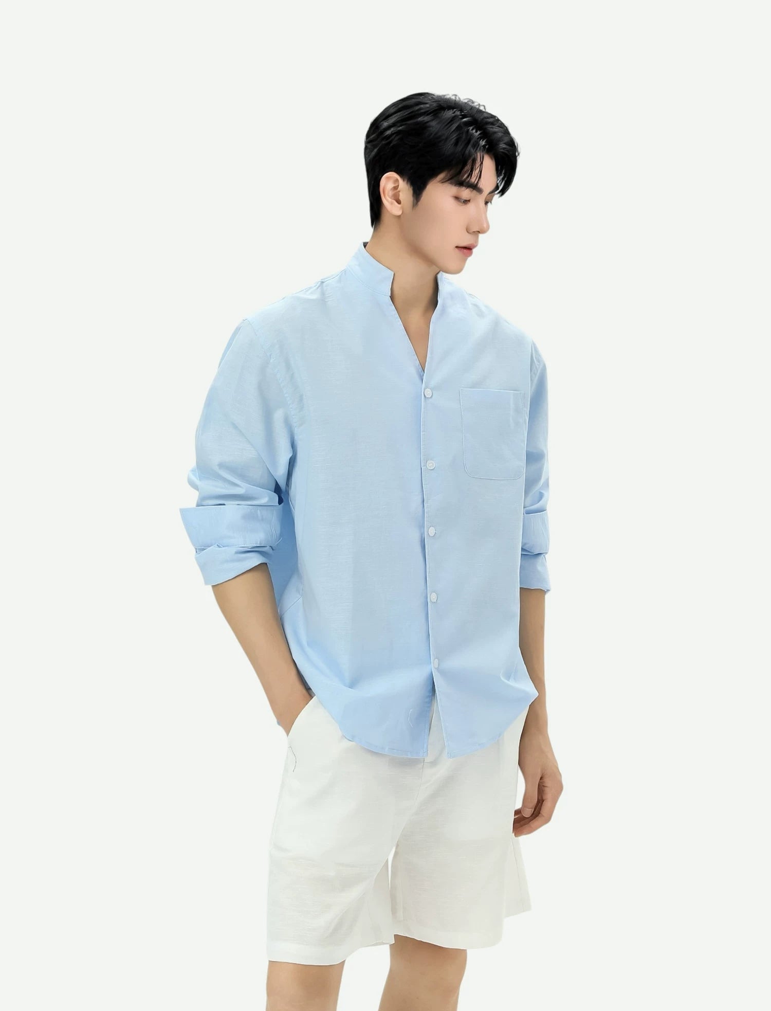 Stand Collar Linen Clean Fit Shirt