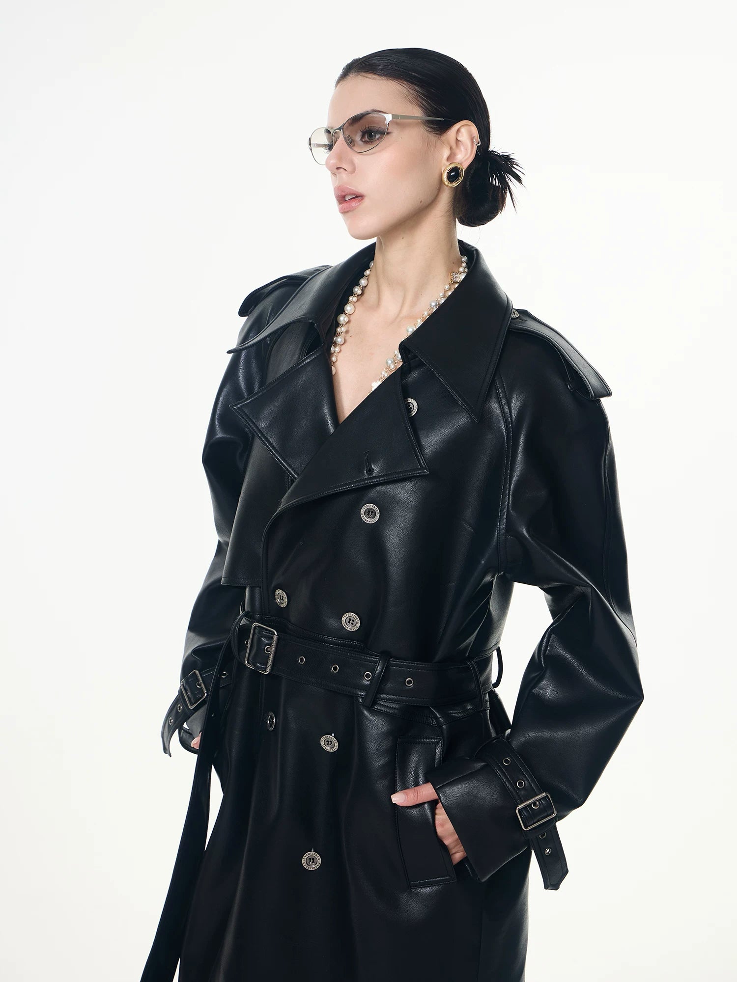 【26s May】Deconstructed PU Leather Double-Breasted Trench Coat