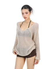 【26s May】Hollow V-Neck Sheer Knit Oversized Top