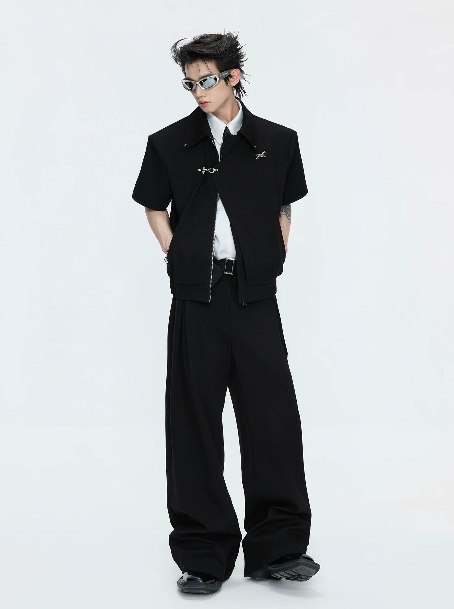 【26s May】Asymmetric Layered Cropped Shoulder Jacket Set