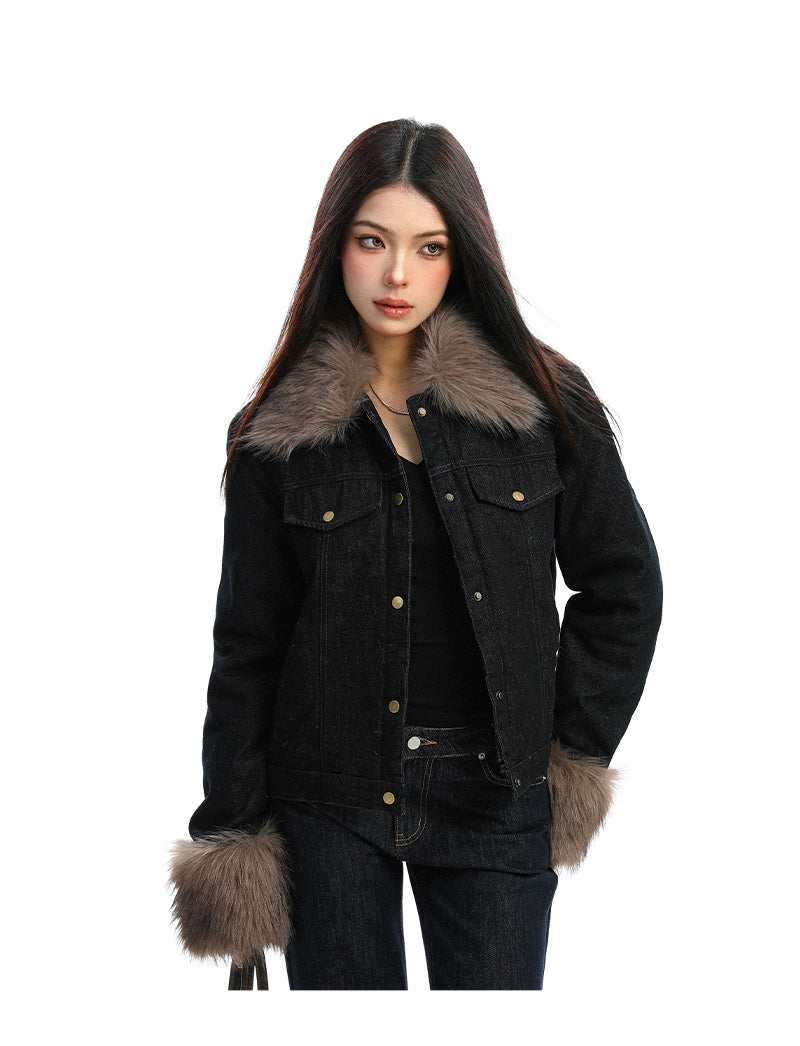 【25s Dec.】Fur-trimmed Denim Cotton Jacket
