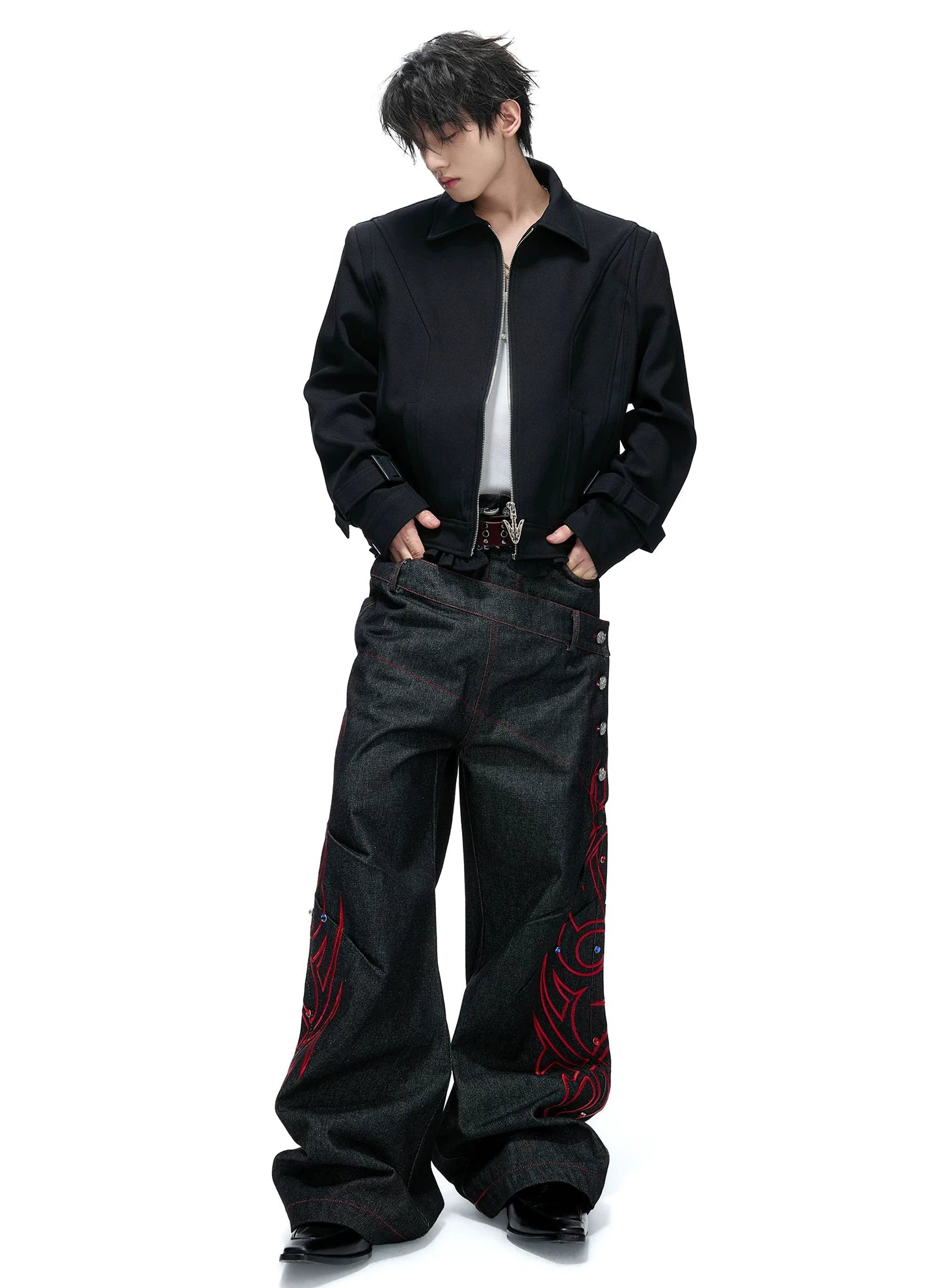 Black Red Raw Denim Embellished Jeans