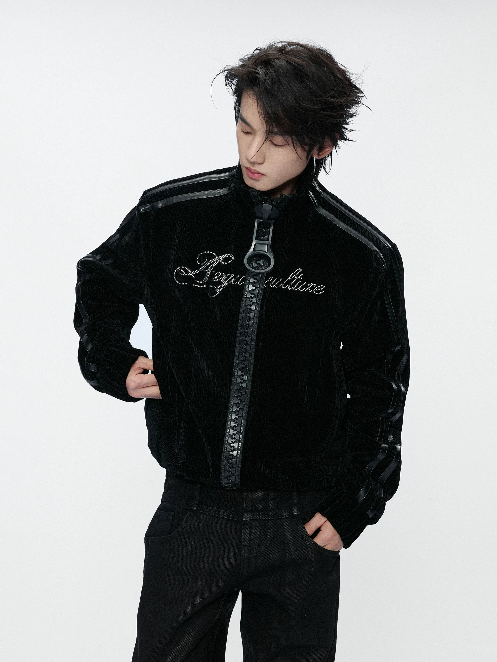 Wave Texture Rhinestone Moto Jacket
