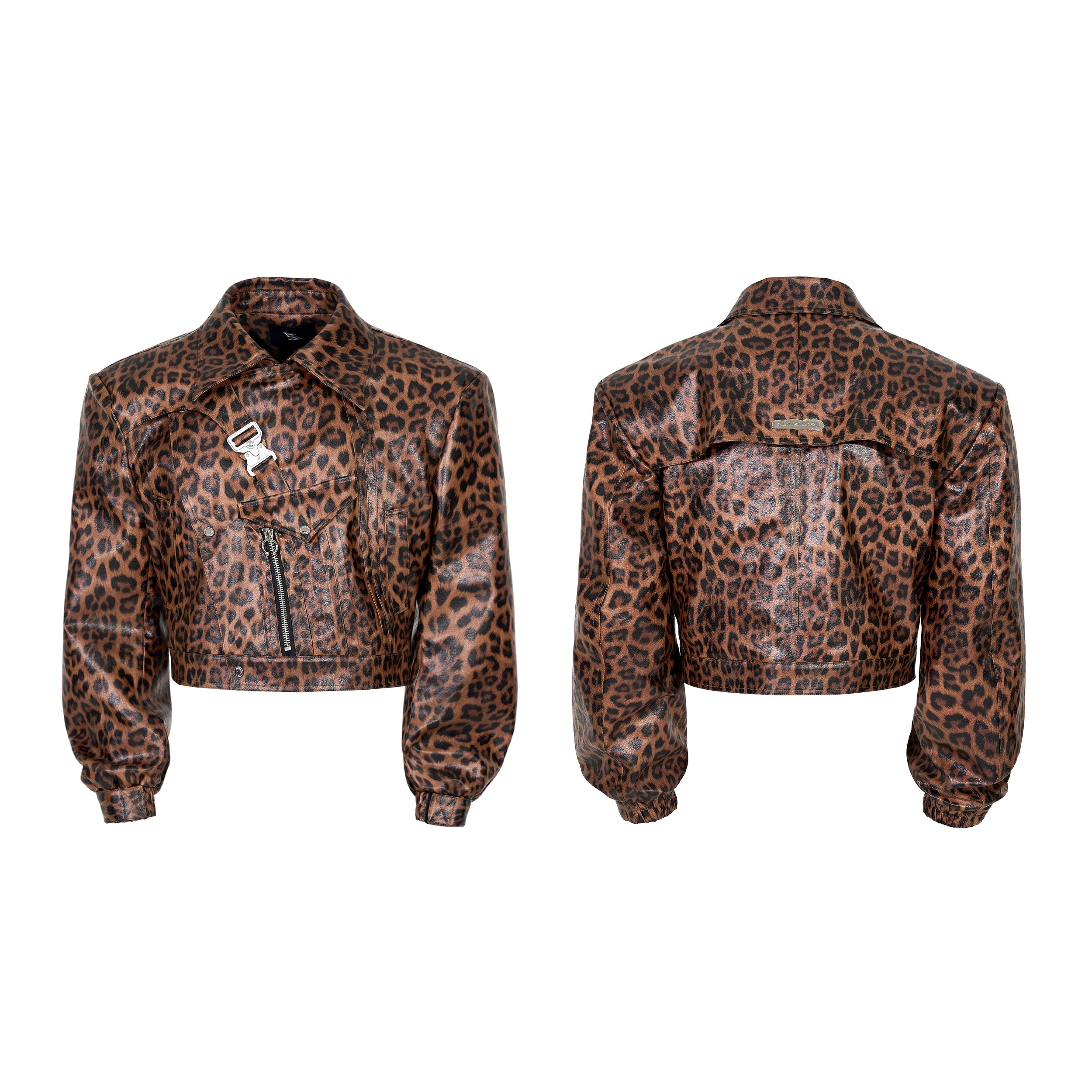 【25s Nov.】Leopard Print Metal Buckle Design Leather Jacket