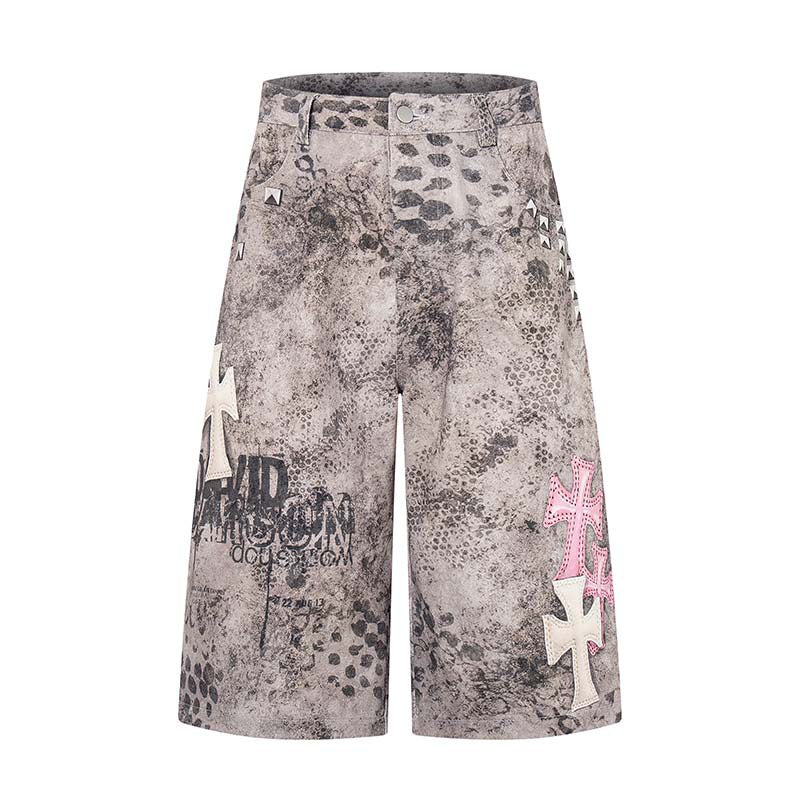 Cross Studded PU Patch Denim Shorts