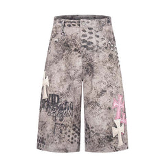 Cross Studded PU Patch Denim Shorts
