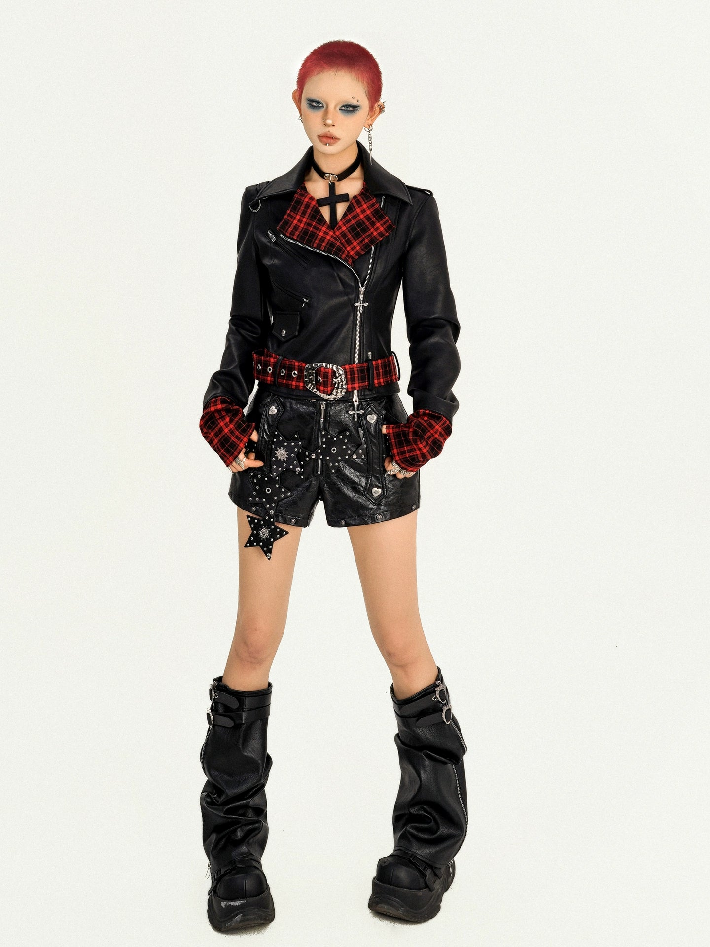 【25s Oct.】Punk Rock Plaid Leather Jacket