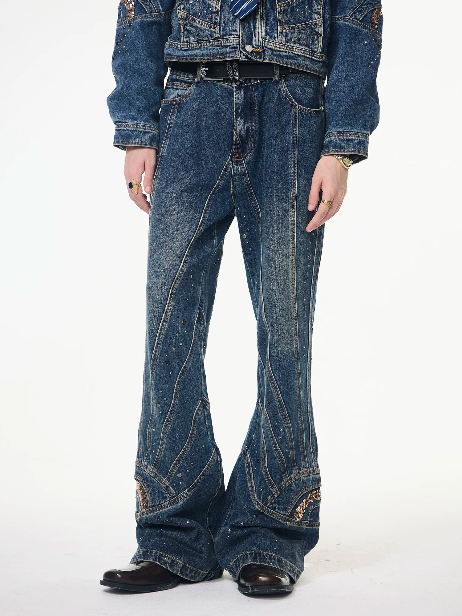 【26s Apr.】Distressed Studded Sequin Denim Set