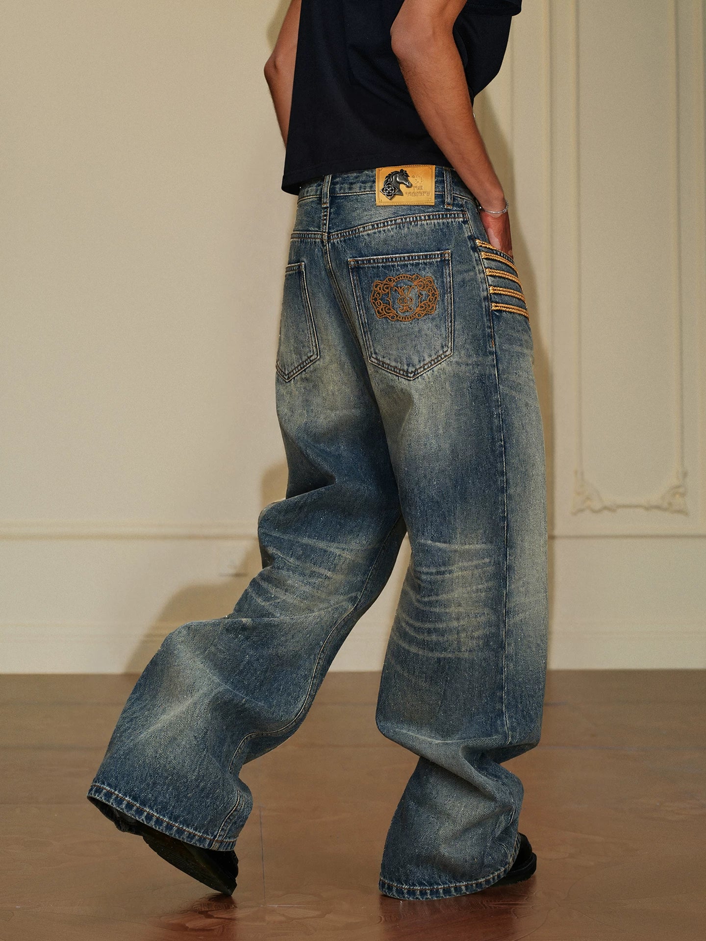 Royal Embroidered Washed Wide-Leg Jeans