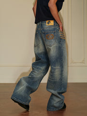 Royal Embroidered Washed Wide-Leg Jeans