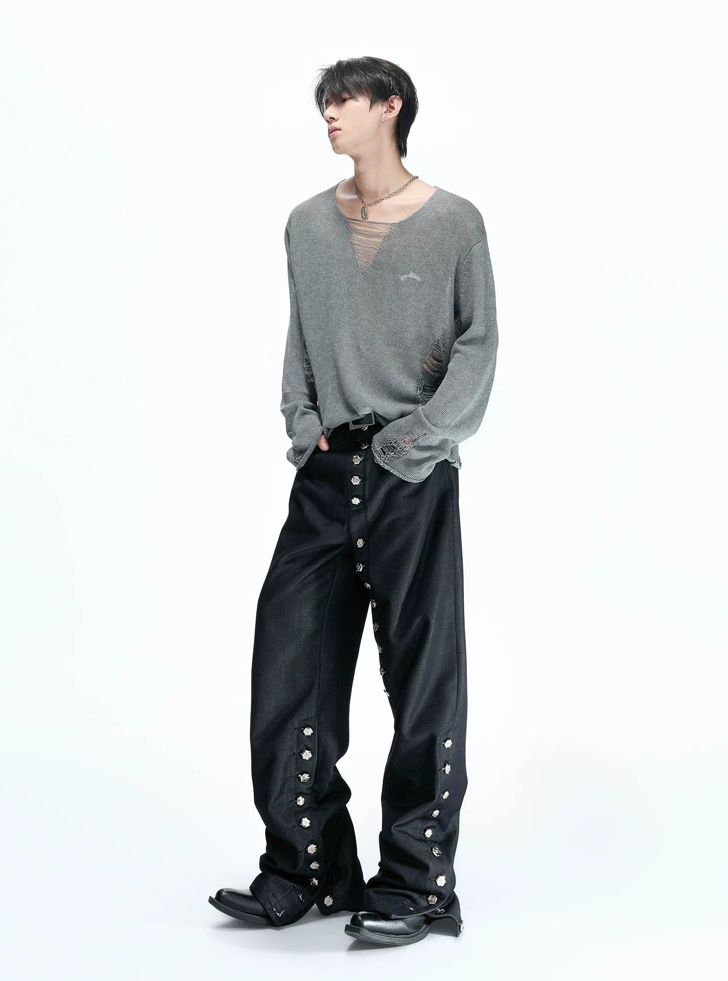 Distressed Mesh V-Neck Knit Top