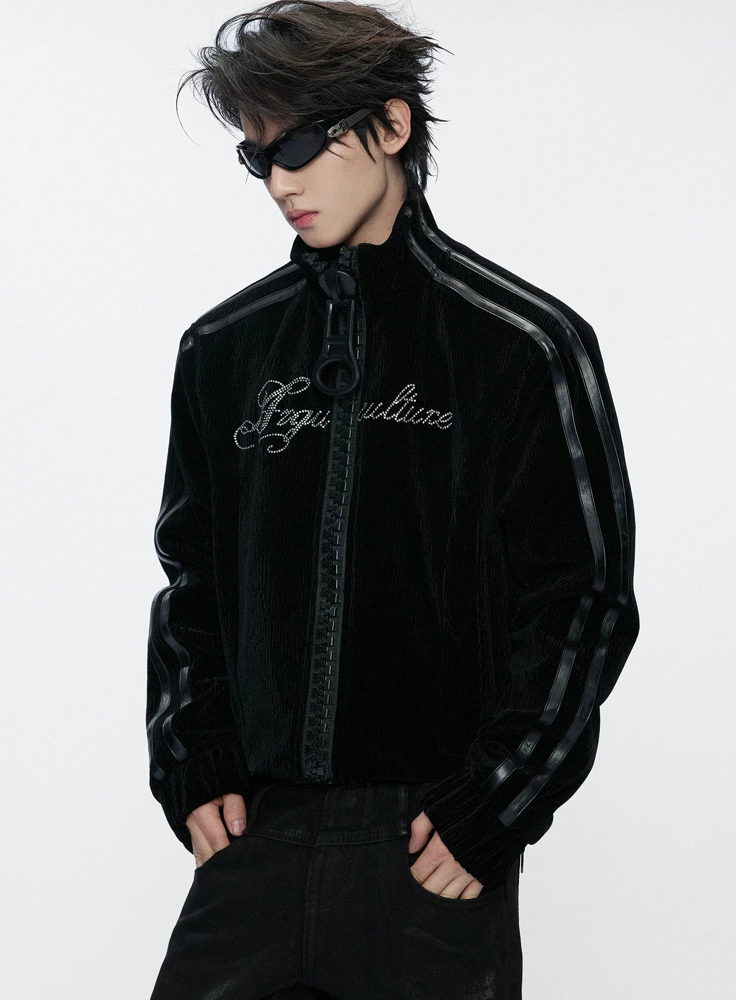 Wave Texture Rhinestone Moto Jacket