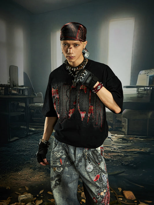 【25s Aug.】Embroidered Patchwork Vintage Washed Oversized T-Shirt