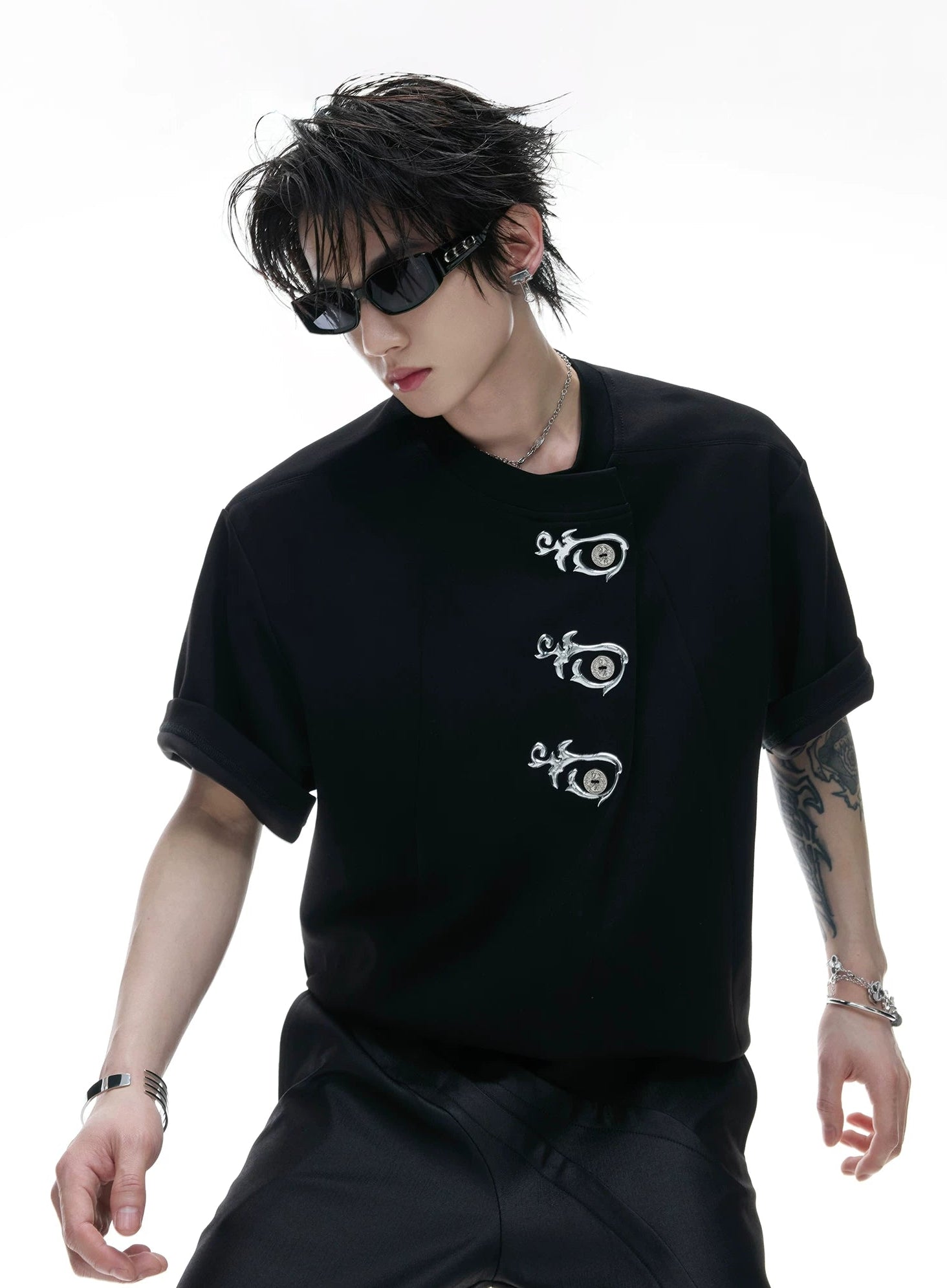 Asymmetric Placket Embroidered Tee