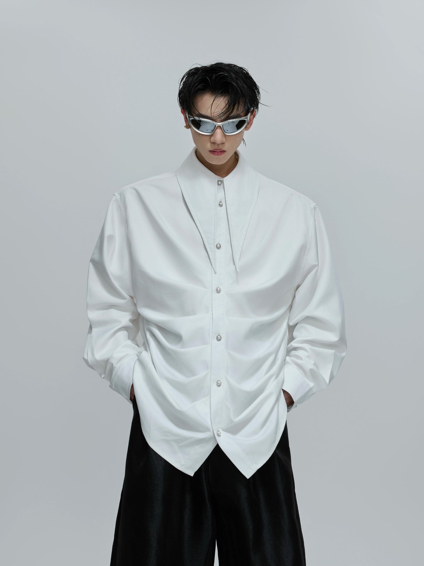 French Neckline Multi-layered Pleated Silk Scarf Shirt