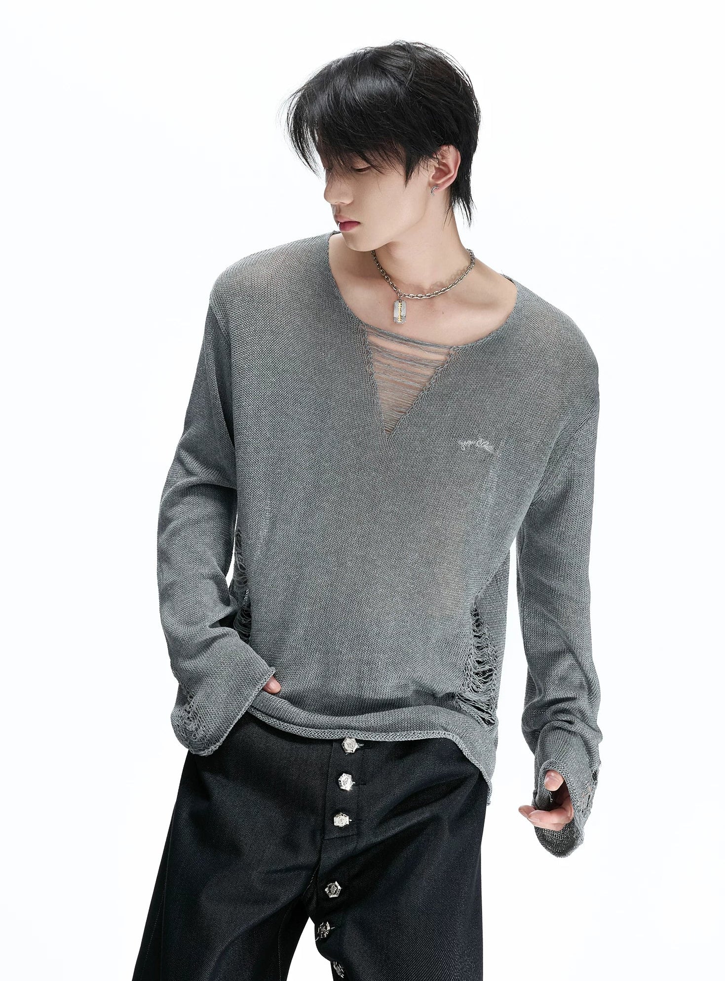 Distressed Mesh V-Neck Knit Top