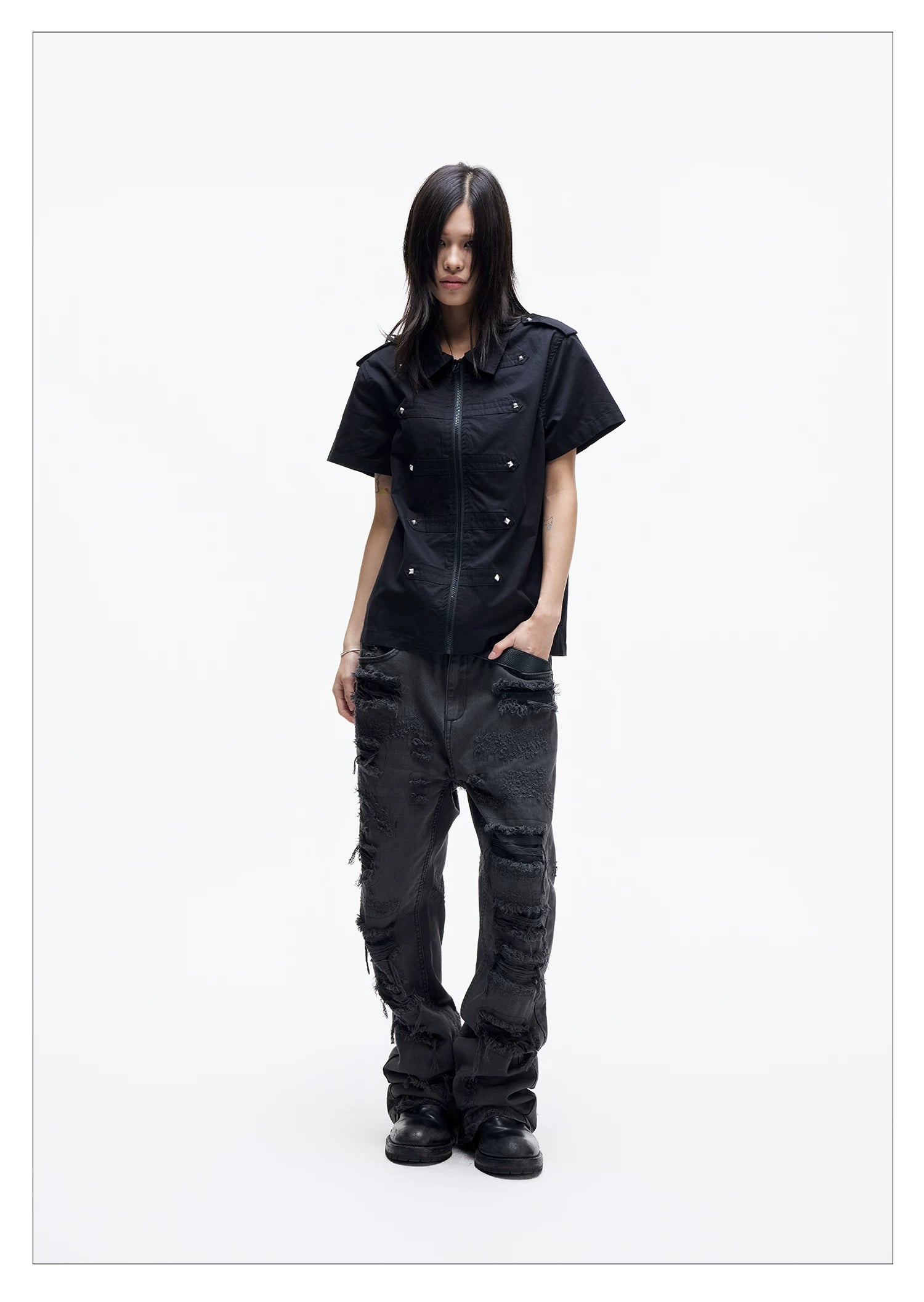 Distressed Raw Hem Slim Straight Jeans