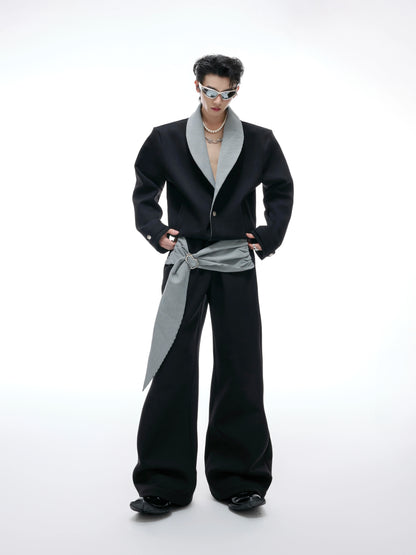 【25s Aug.】Black and White V-Neck Contrast Jacket with Drawstring Flowing Pants Set