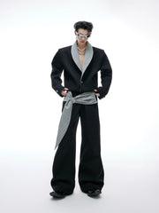 【25s Aug.】Black and White V-Neck Contrast Jacket with Drawstring Flowing Pants Set