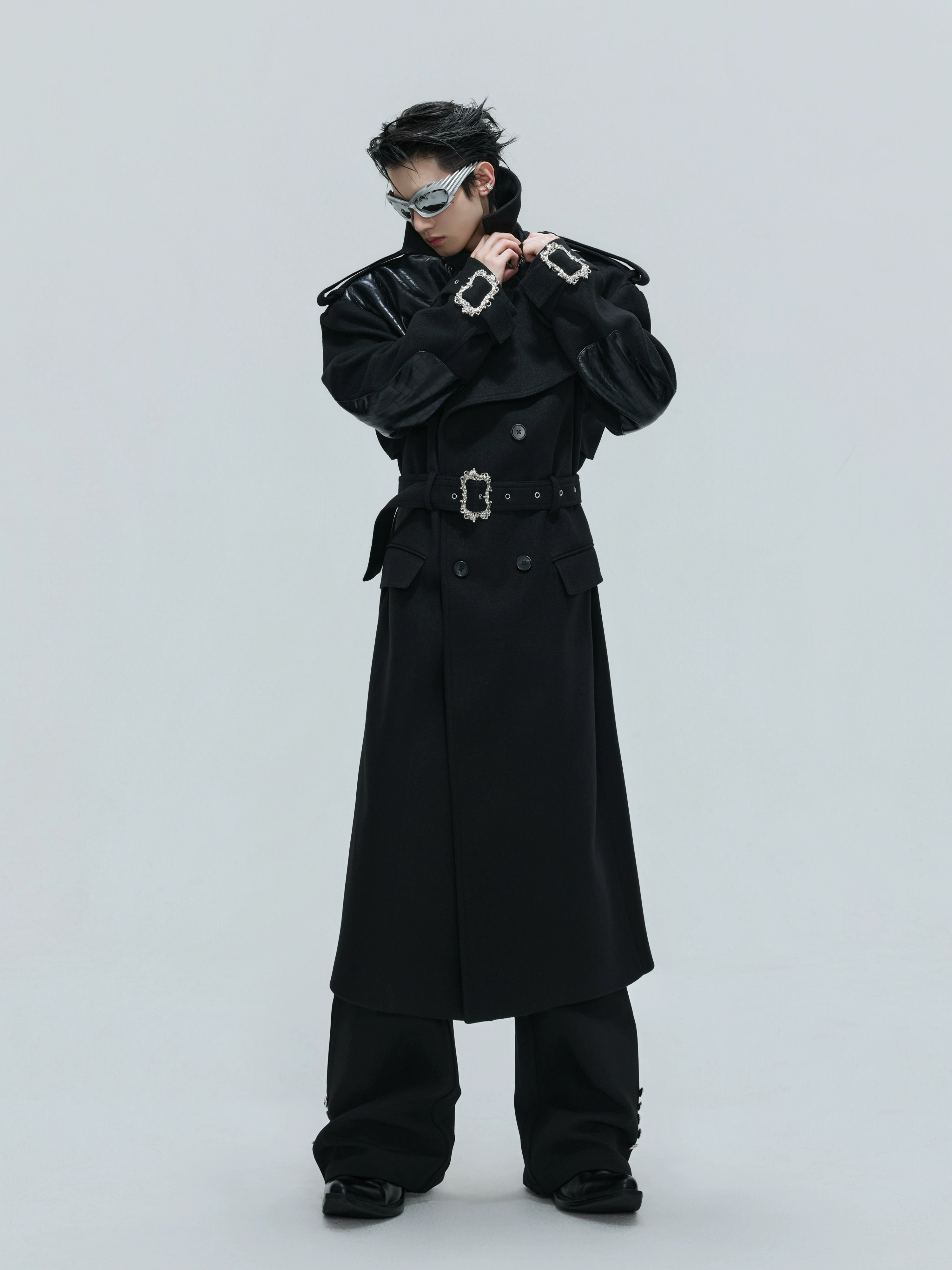【25s Nov.】Crocodile-print Lace-up Metal Buckles Woolen Coat