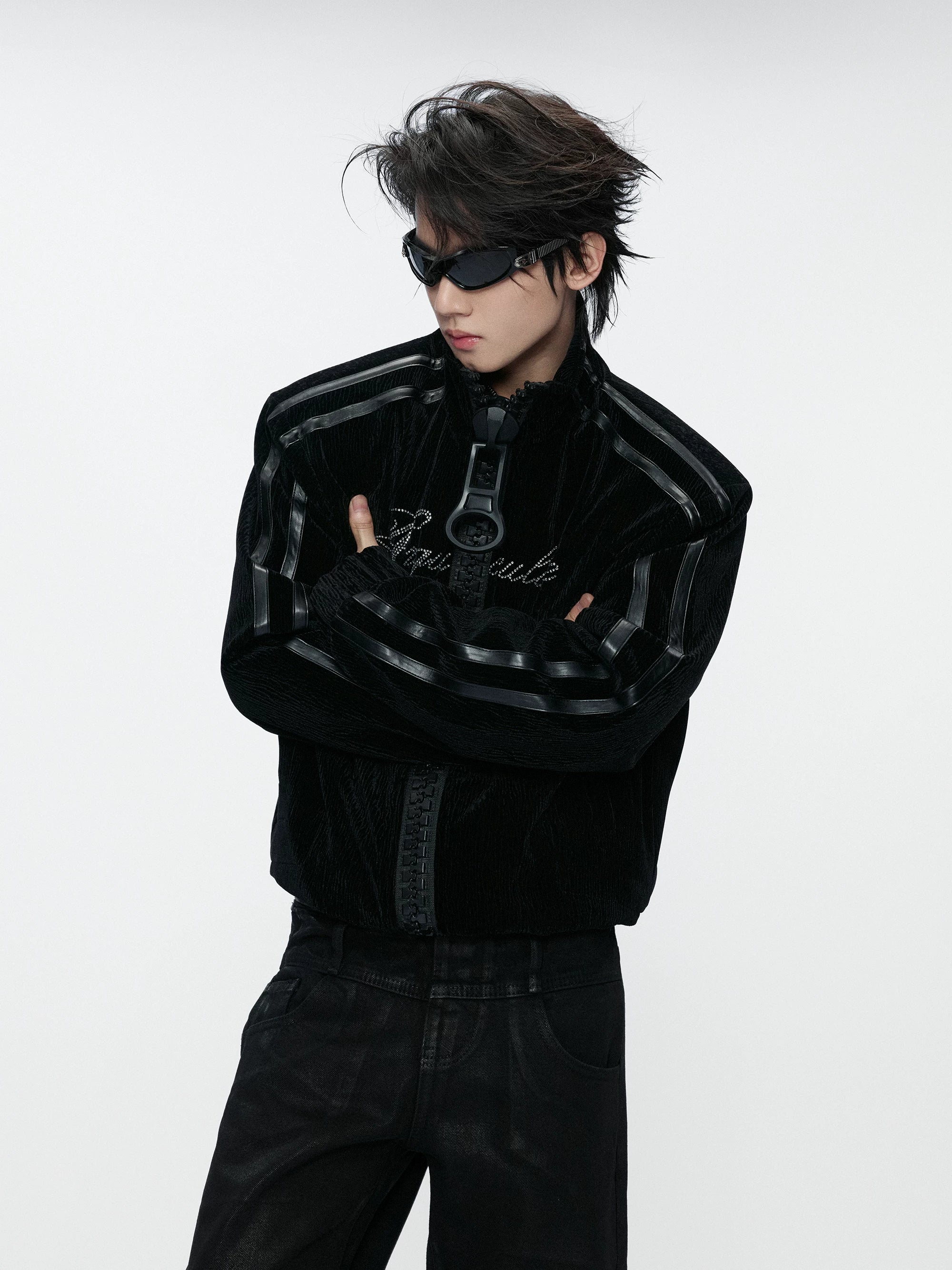 Wave Texture Rhinestone Moto Jacket