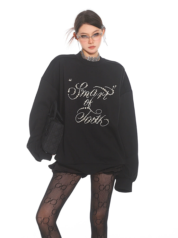 【25s Nov.】Black Beaded Loose-fitting Crew Neck Sweatshirt
