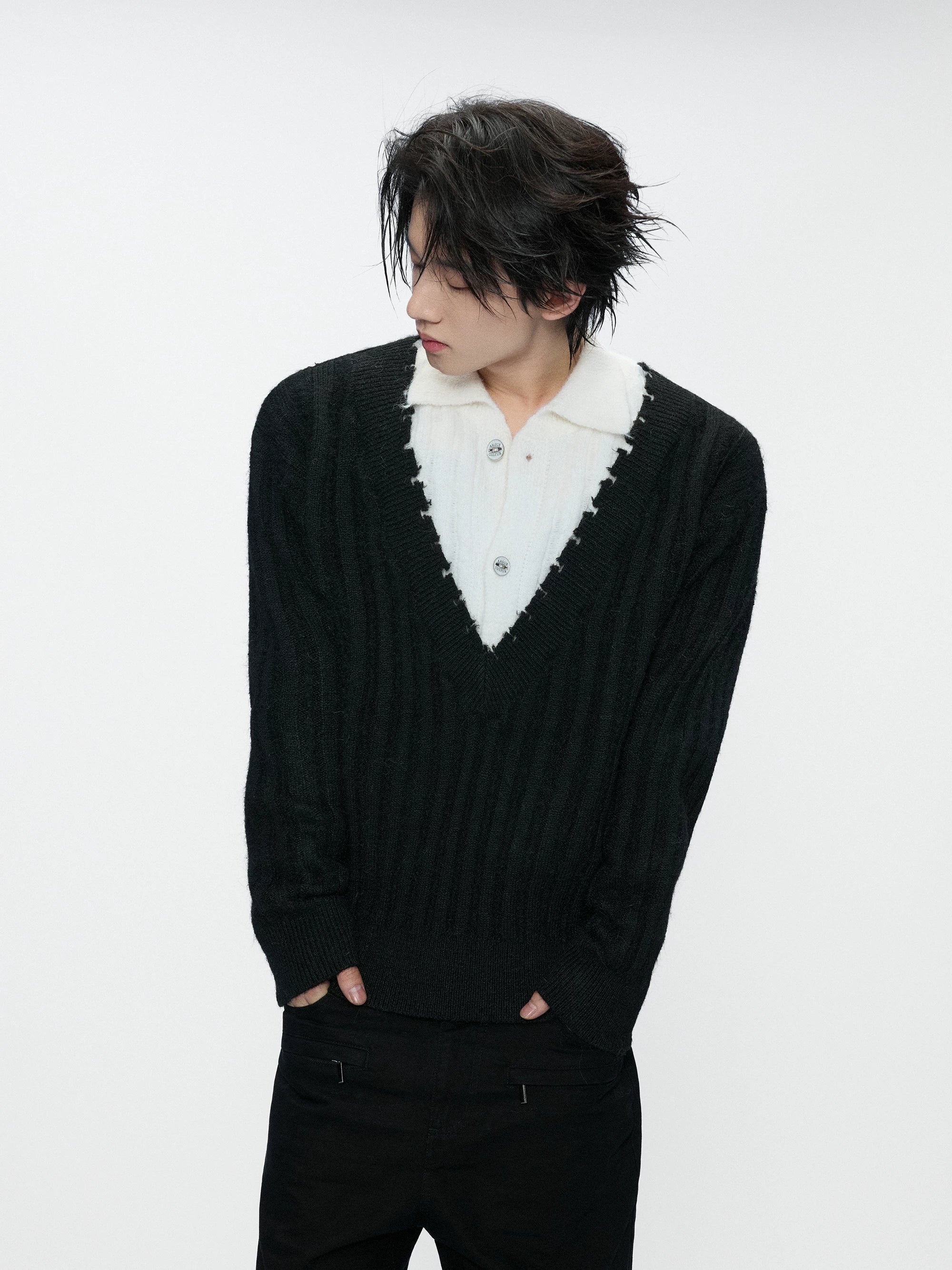 Double Collar Contrast Ribbed Wool Sweater