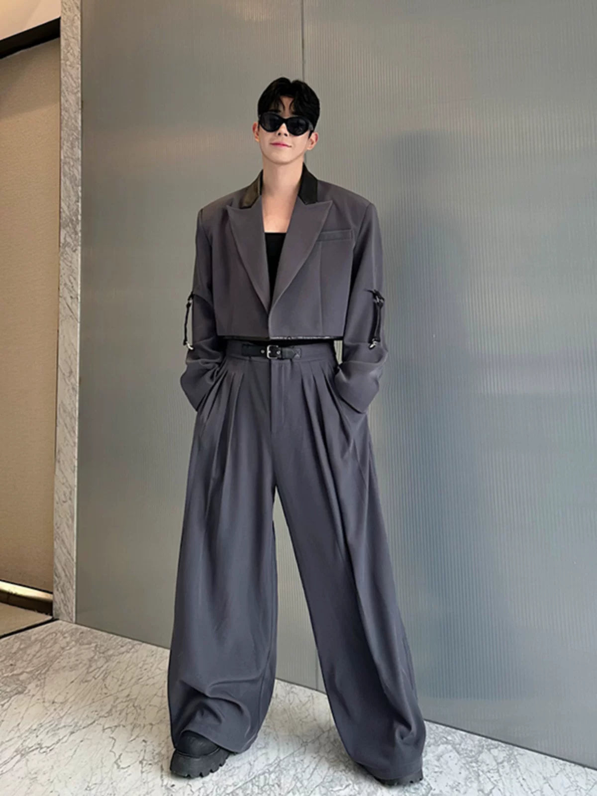 【26s Apr.】Color-Block Faux Leather Blazer & Wide-Leg Pants Set