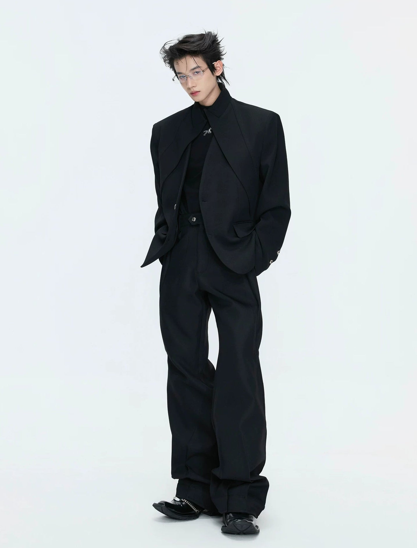 【26s Apr.】Layered Stand Collar V-Neck Structured Jacket / Pants