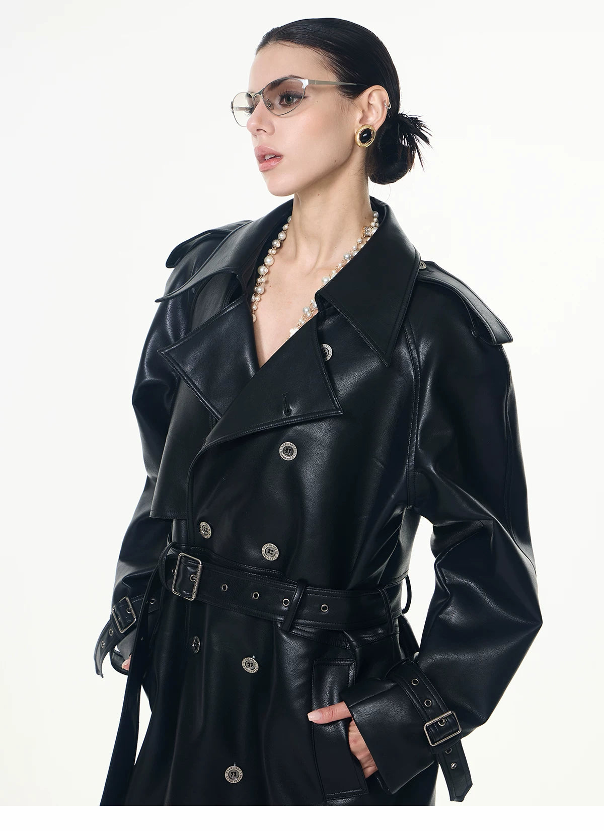 【26s May】Deconstructed PU Leather Double-Breasted Trench Coat