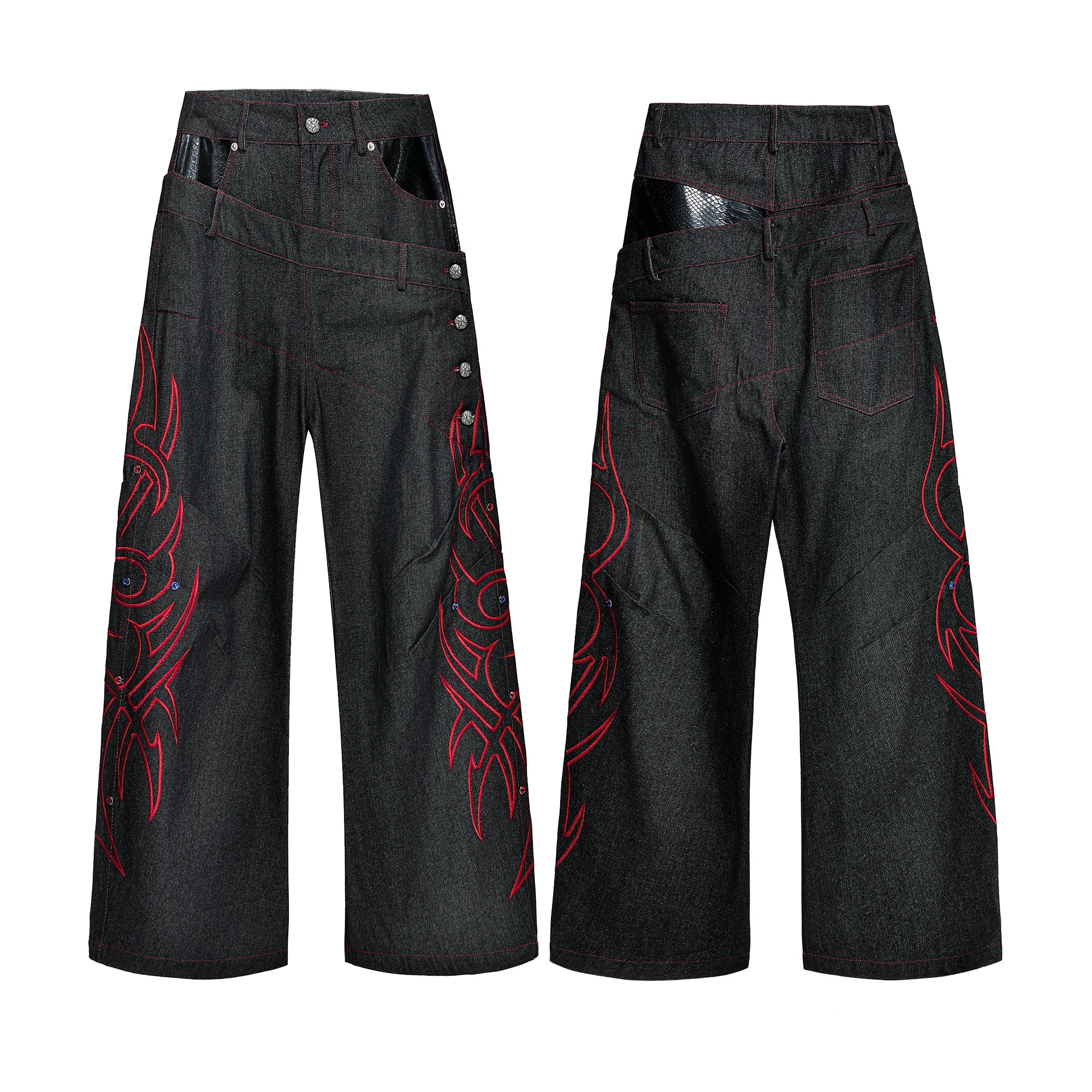 Black Red Raw Denim Embellished Jeans