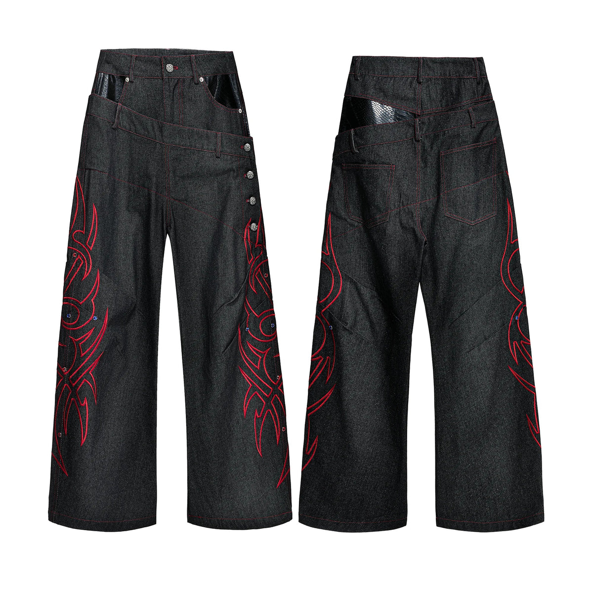 Black Red Raw Denim Embellished Jeans