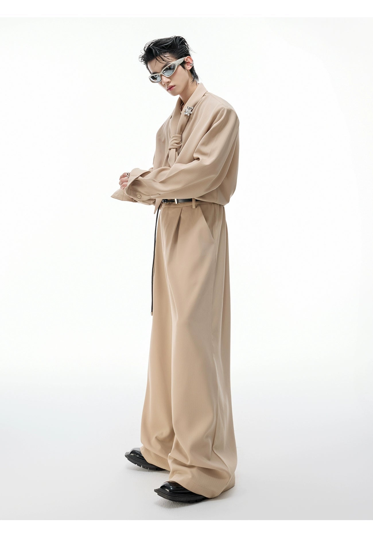 【25s Sep.】Scarf Shoulder Pad Shirt / Drape Wide-leg Pants