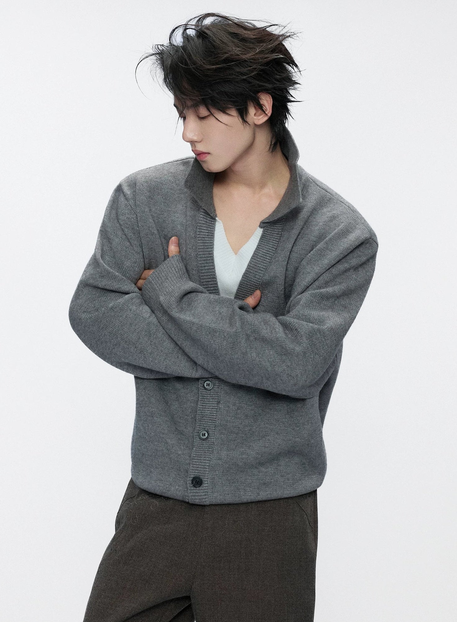 Double V-Neck Contrast Layered Sweater