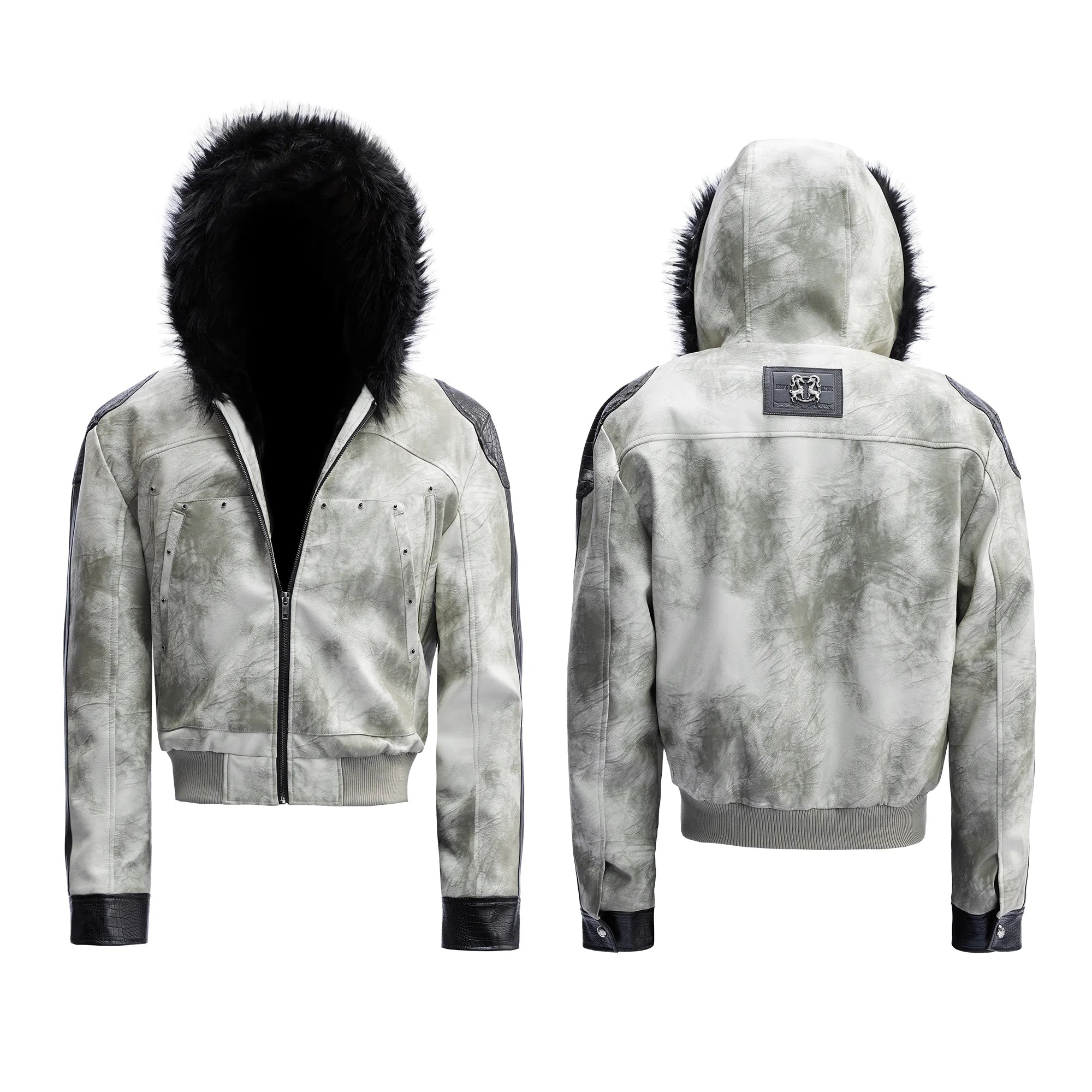 Vintage Snake-Panel Hooded Fur Jacket
