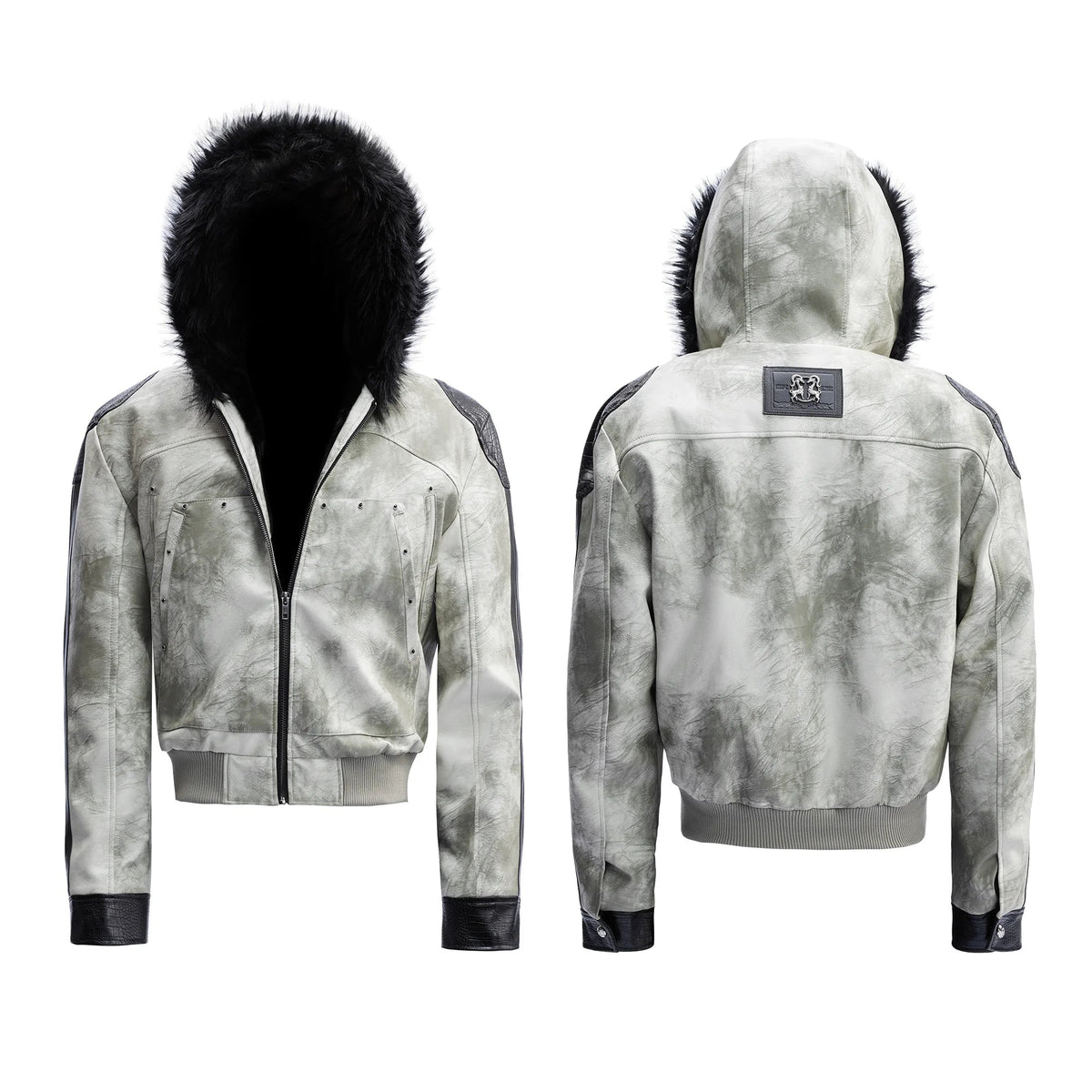 Vintage Snake-Panel Hooded Fur Jacket